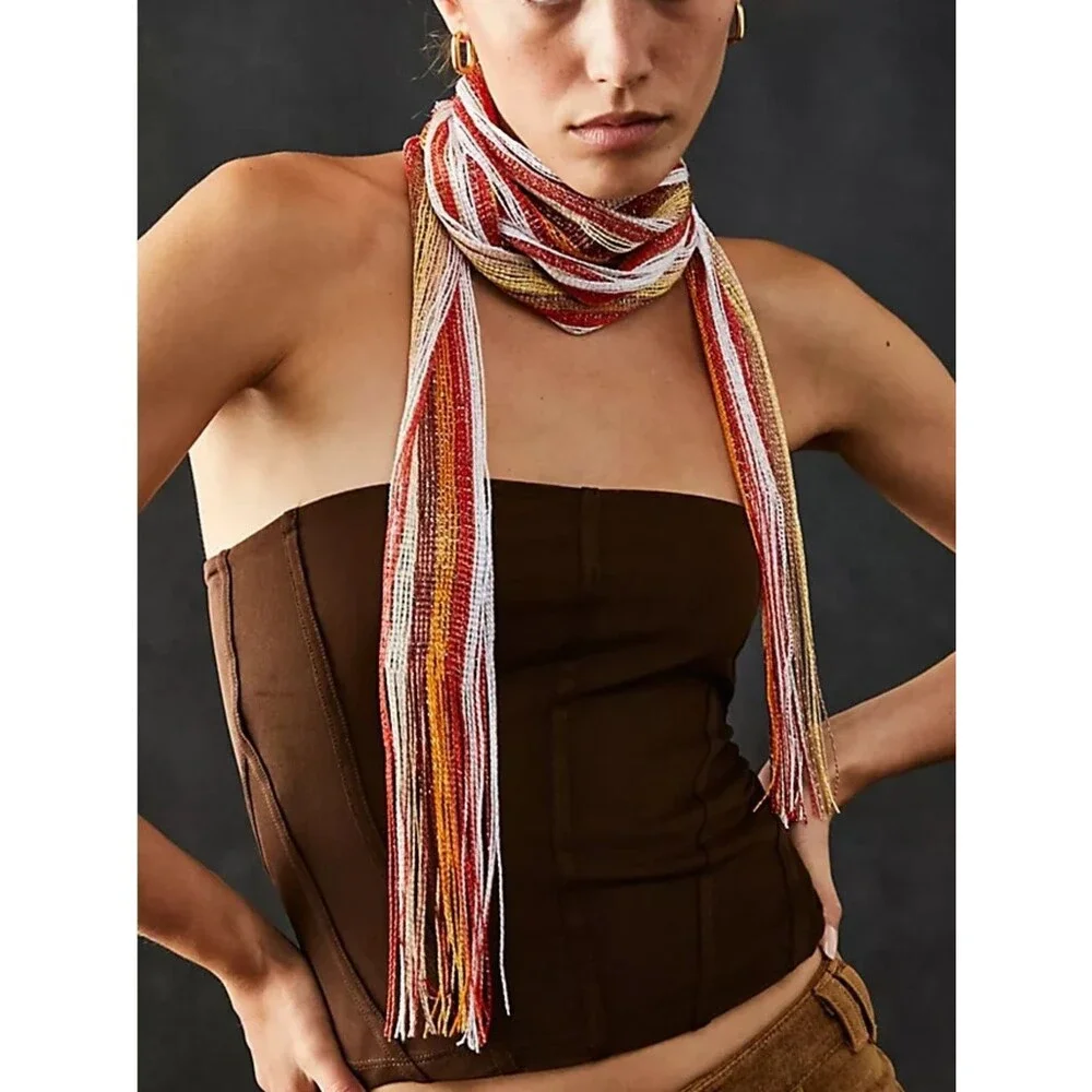 Free People Poetic Stripe Fringe Skinny Scarf OS